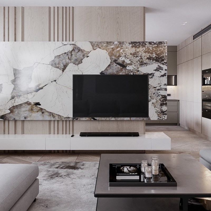 White Grey Brown Marble Natural Stone Feature Wall