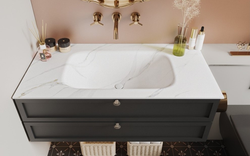 岩板, Sintered stone, sintered stone vanity top with integrated basin, 一體式岩板枱面及面盆, TopaBasin