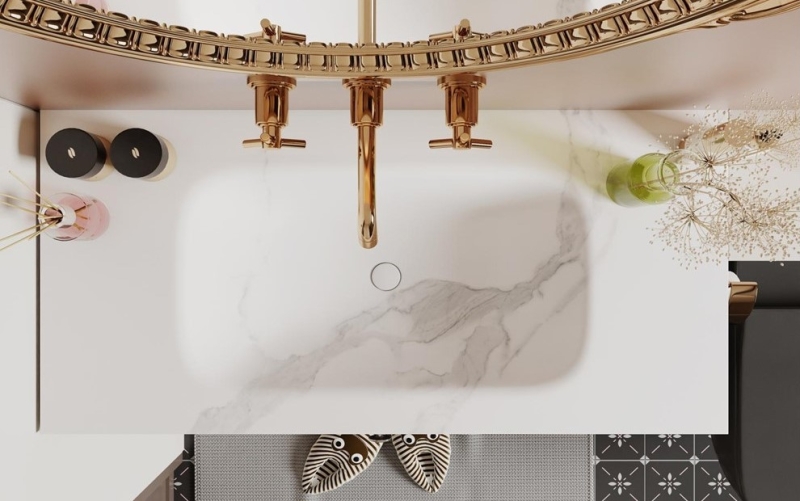 Sintered stone, sintered stone vanity top with integrated basin, 一體式岩板枱面及面盆, TopaBasin